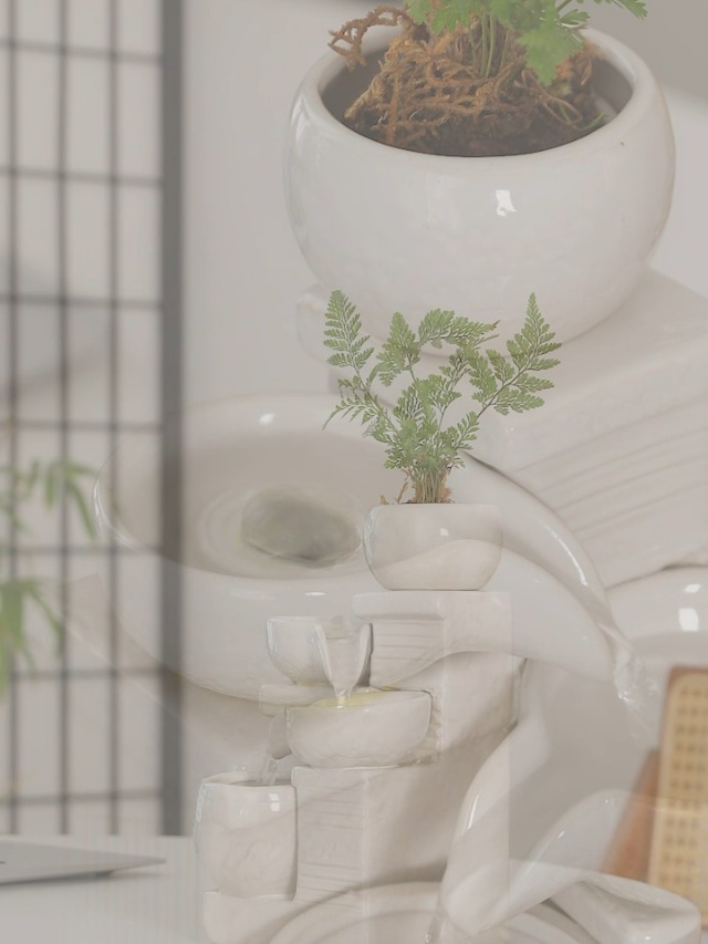 Indoor and Outdoor Tabletop Desktop Fountain Water Feature Home and Garden Ceramic Decoration (White S094)