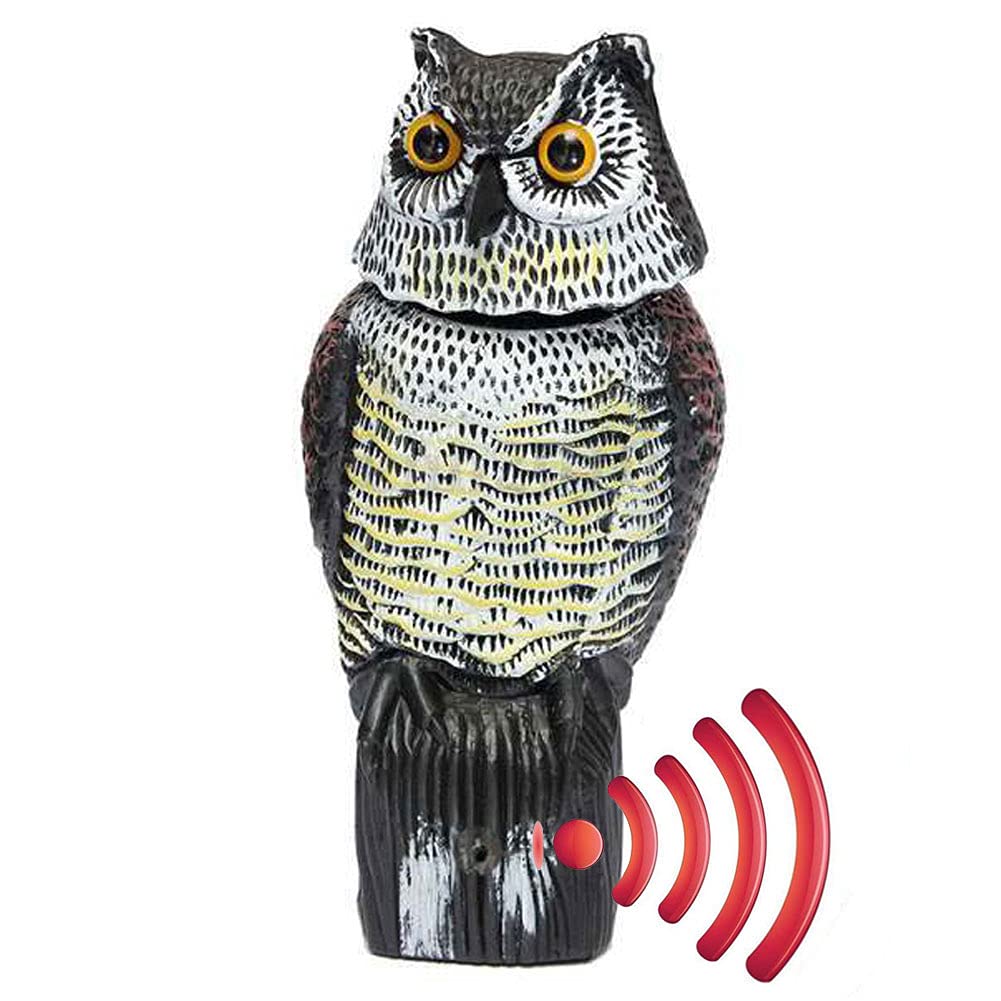 Decoy Owl with Rotating Head Pest Deterrent,Plastic Realistic Scarecrow Owl Statues Garden Outdoors Patio Décor,Hooting Sound Garden Protection with Reflective Eyes