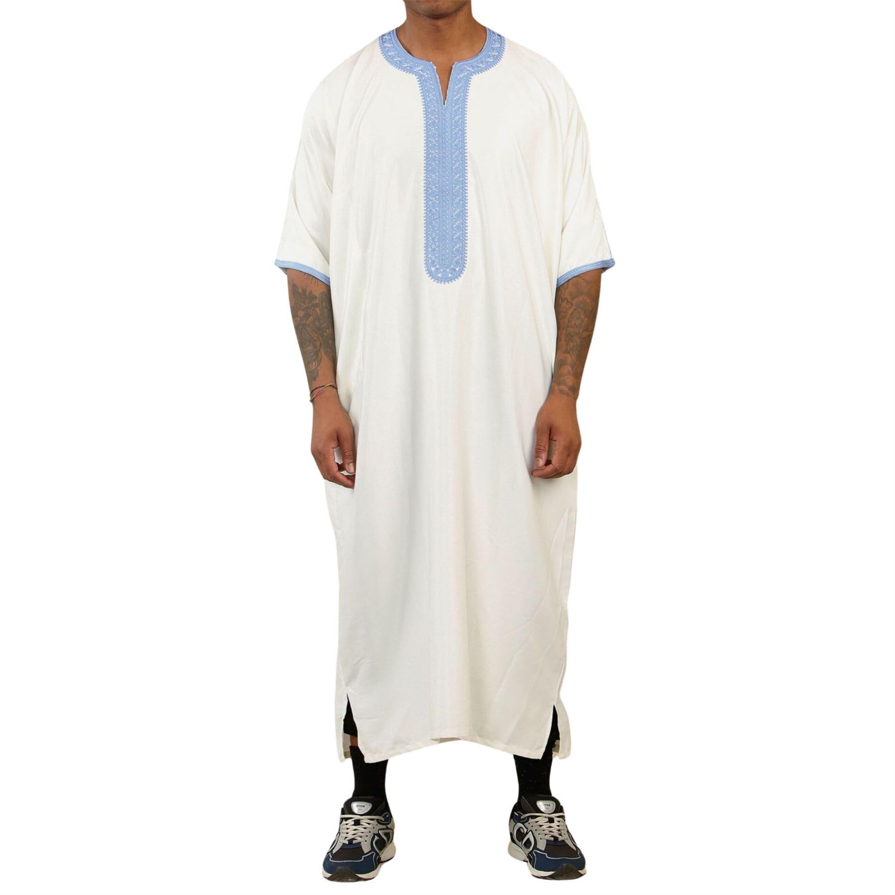 Thobez Men's White Blue Moroccan Thobe Gandoura Short Sleeve Jubba Kaftan Eid Robe Arab Embroidery - 60