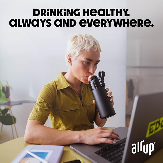 AIR UP Black Steel 16oz Flavored Water Bottle with Straw - Sugar Free Cola Pods - Drink Healthy Water - Keeps Drinks Cold for 14 Hours - School, Office, Gym, Travel