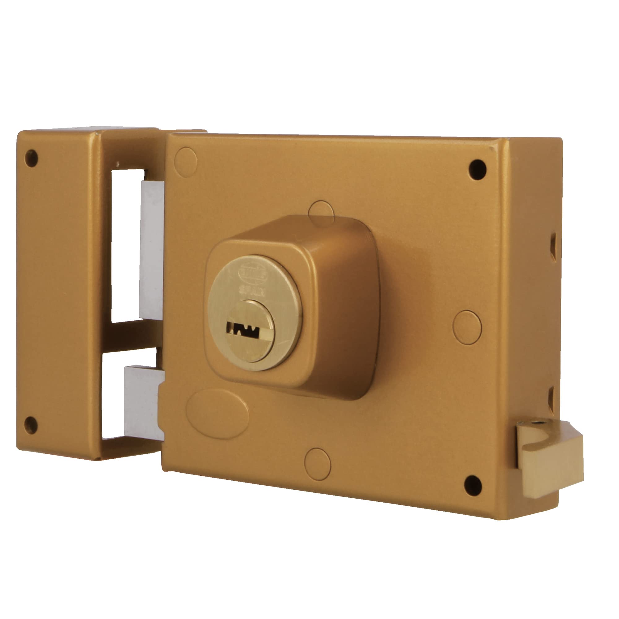 Amig - Cerradura de Sobreponer de Izquierda con Palanca de Cierre, Lengüeta y Tirador para Puertas de Madera Mod. 73, 100 x 85 mm, Pestillo Con Cilindro Europerfil, Acero Dorado