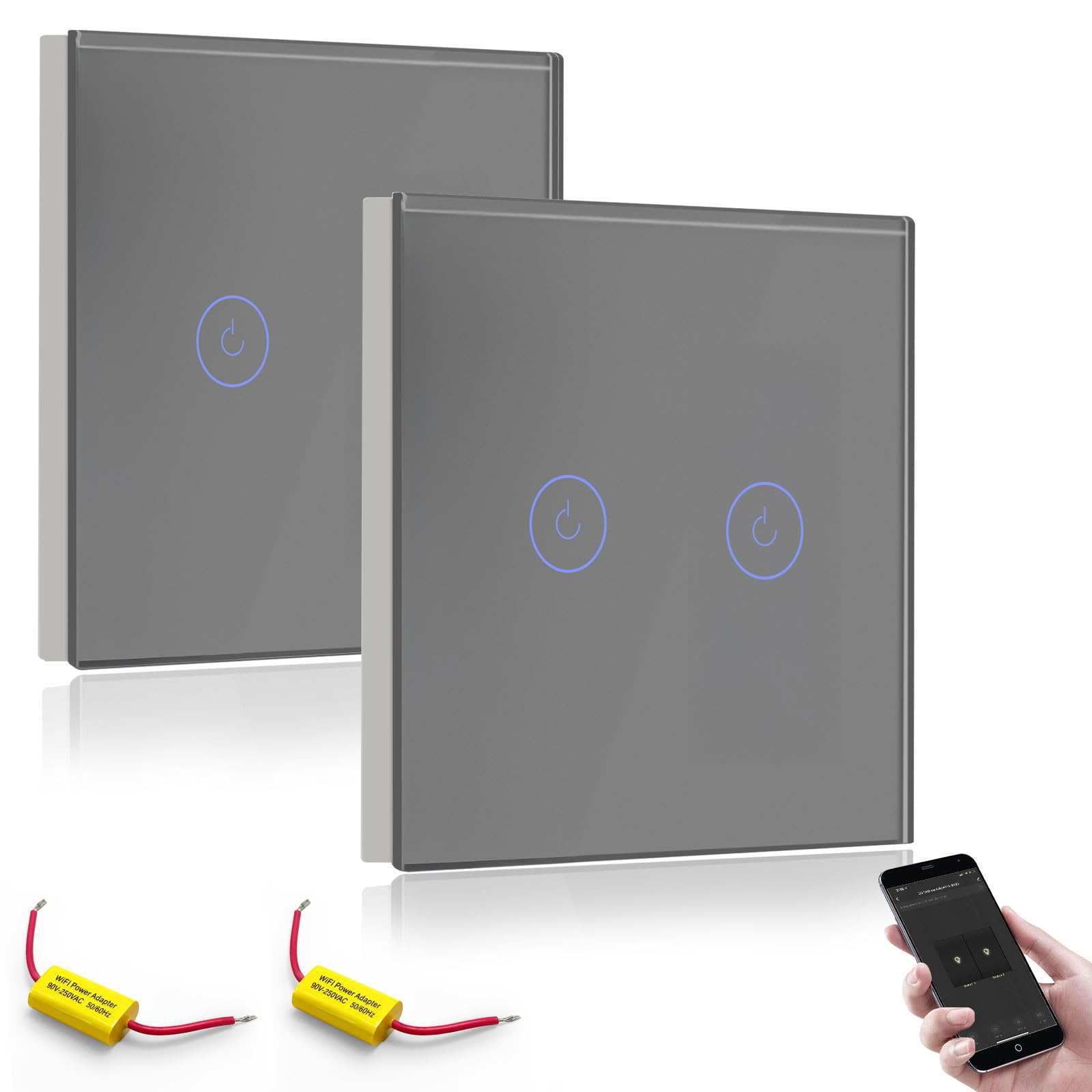 BSEED WiFi Touch Switch,2 Gang 2 Way Smart Light Switch Grey Compatible with Alexa and Google Home,with Smart Life Remote Control(No Hub Required)-No Need Neutral Wire-2 pack