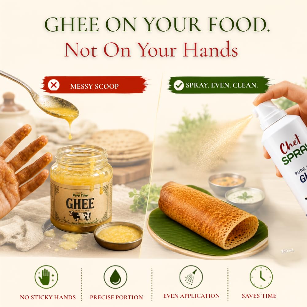 ChefSPRAY Pure Cow Ghee Cooking Spray - Uthukuli Bilona Ghee, 200ml - Propellant-Free Non-Stick Oil Spray Dispenser for Healthy Cooking & Air Fryer - Mess-Free Oil Control & Fitness 2