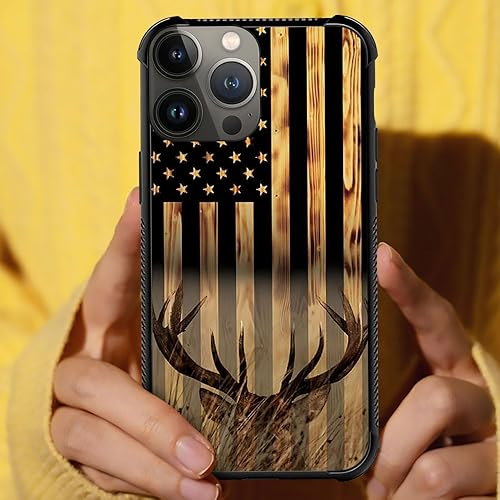 Miniatura 4 de DJSOK Funda compatible con iPhone 15 Pro Max, funda de grano de madera con la bandera estadounidense Buck Hunter Deer para iPhone 15 Pro Max, fundas