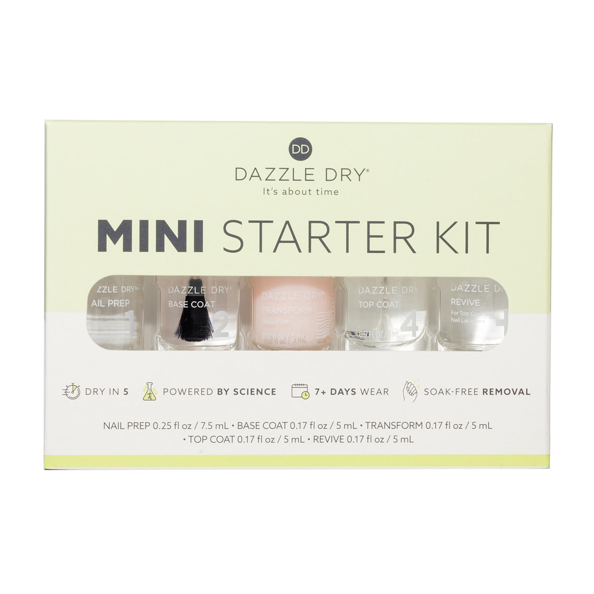 Dazzle Dry Complete Starter Mini Kit | Step 1 - Nail Prep, Step 2 - Base Coat, Step 4 - Top Coat, Transform - Ridge Filler & Revive - Polish & Top Coat Thinner.