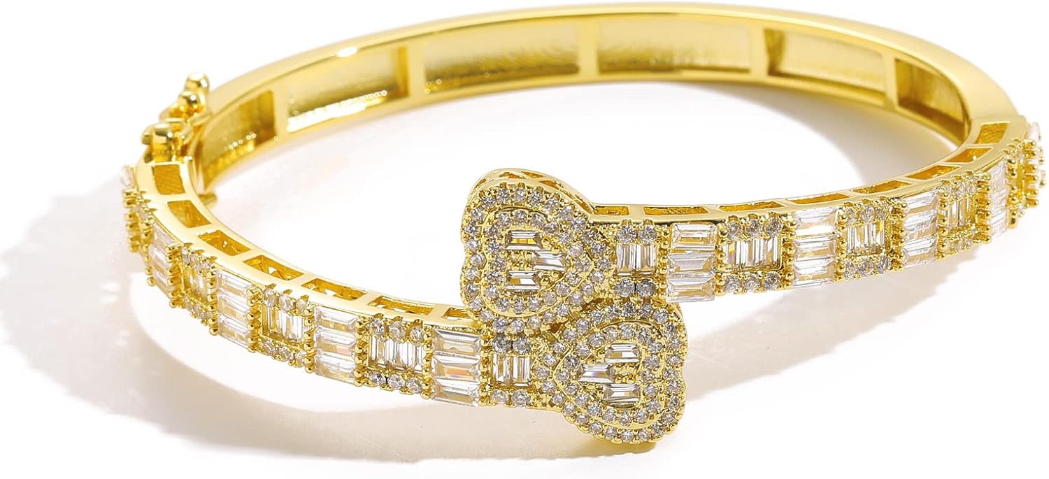 Solid Gold over S925 Sterling Silver Moissanite Bangle, Rectangle Heart Shape Stone Bracelet, Fashion Jewelry Gift with Box