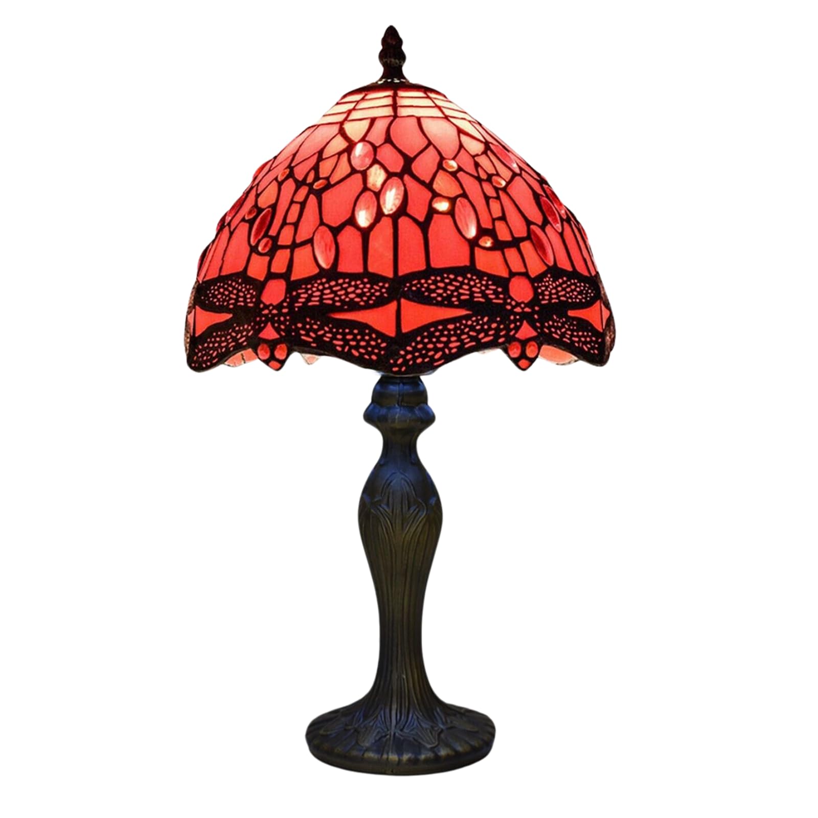 TIFFORA Tiffany Style Table Lamp | Stained Glass Bedside Lamp with Dragonfly Design | Desk Lamp for Bedroom, Living Room, Reading & Home Decor | Red Color | E27 LED Compatible