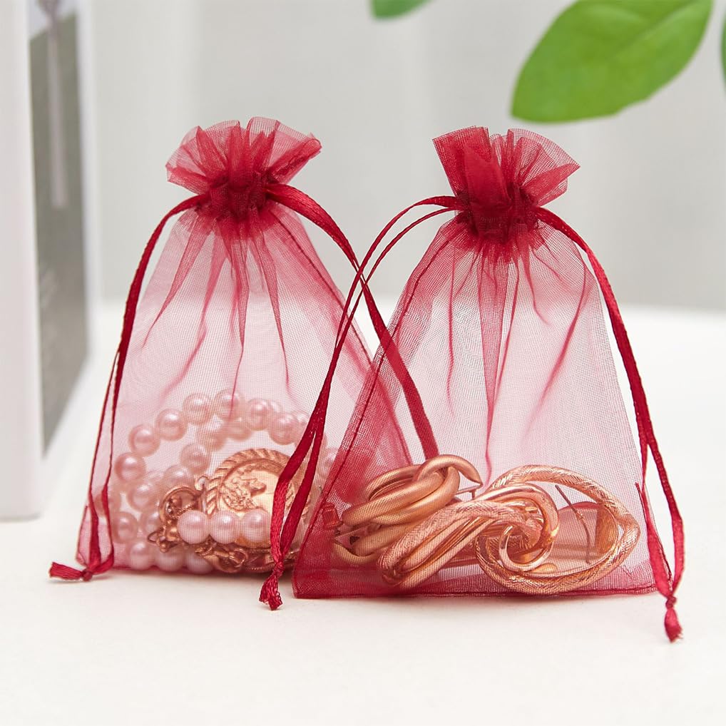 JONASHER Lot de 100 sacs en organza avec cordon de serrage pour bijoux, montres, cadeaux, bonbons, mariage, cadeaux de Noël, protection des fruits, rouge vin, 30 x 40 cm