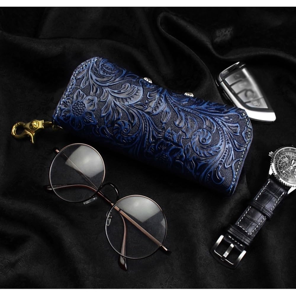 Przenośne skórzane etui na okulary, retro etui na okulary przeciwsłoneczne odporne na ściskanie wąskie etui dla kobiet mężczyzn poziome etui na okulary (Grey : Blue, Size : S)
