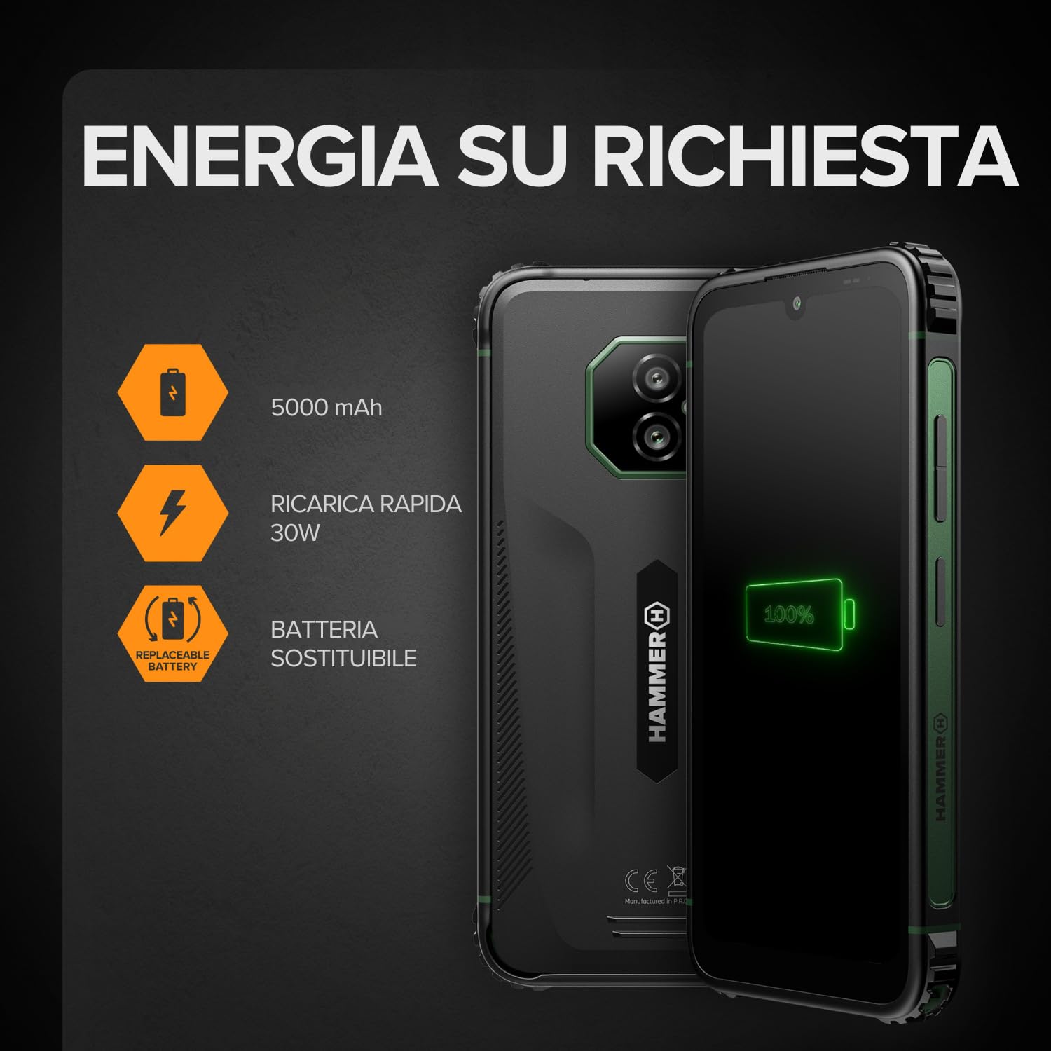 Hammer H Ranger Outdoor Cellulare, Smartphone, 4G LTE, 6/128 GB, 5000 mAh, Display da 6 pollici, 50 MP, Ultrawide, IP69, Gorilla Glass 5, NFC, Biometria, Jack da 3,5 mm, Dual SIM, eSIM