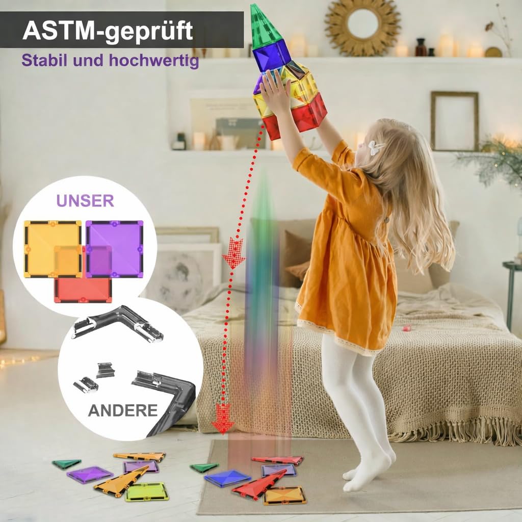 Magnetische Kachel-Bausteine Spielzeug – STEM Pädagogische Magnetblöcke für Kinder, Kreatives Vorschul-Lernen Sensorik Montessori Magnetspielzeug für Jungen & Mädchen ab 3 Jahren – 57 Stück