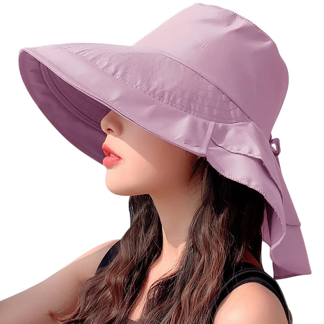 Xrdss Women's Purple Ponytail Sun Hat With Neck Flap Summer Hats Wide Brim Uv Protection Cap (Purple)