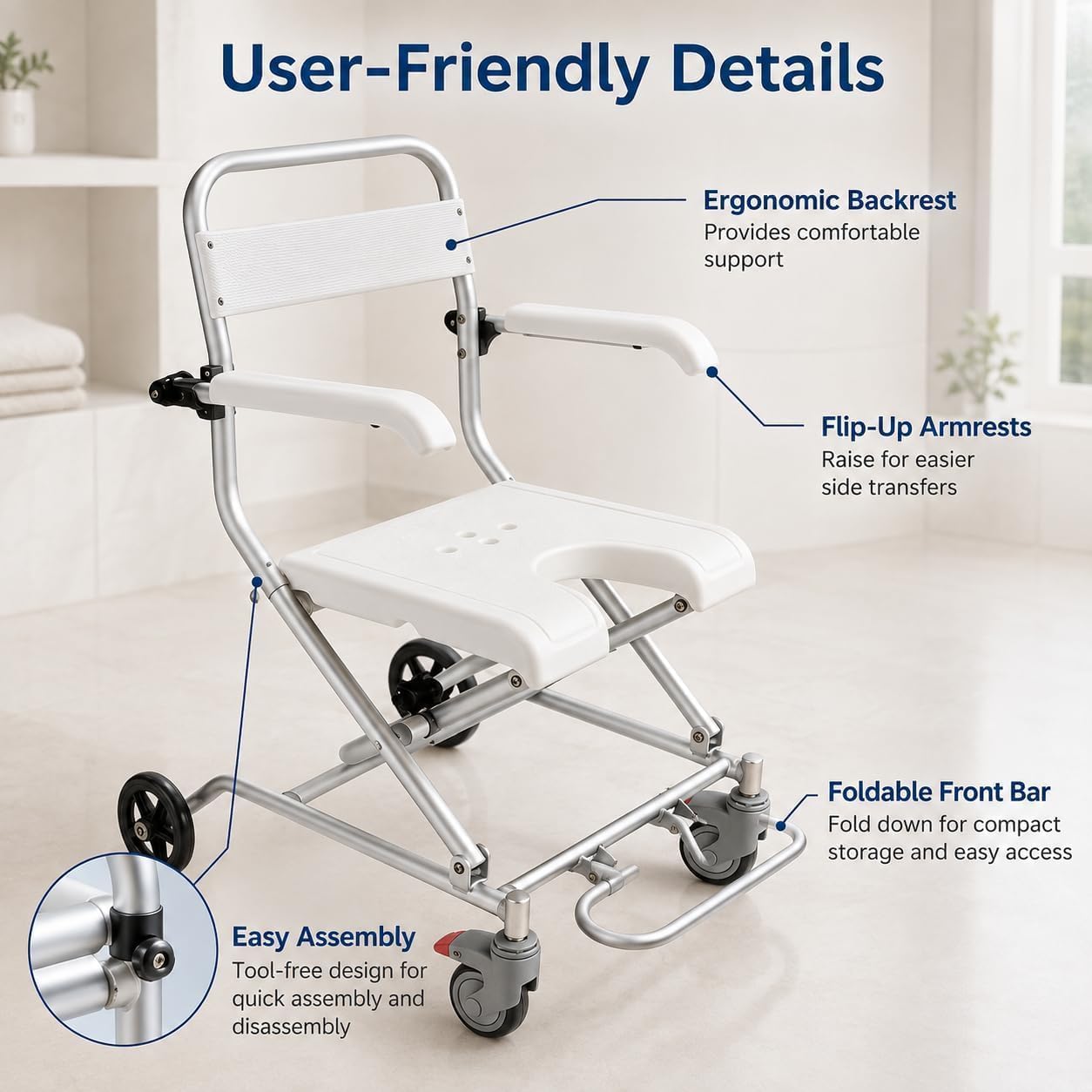 Silla de ducha plegable con brazos abatibles y respaldo ergonómico