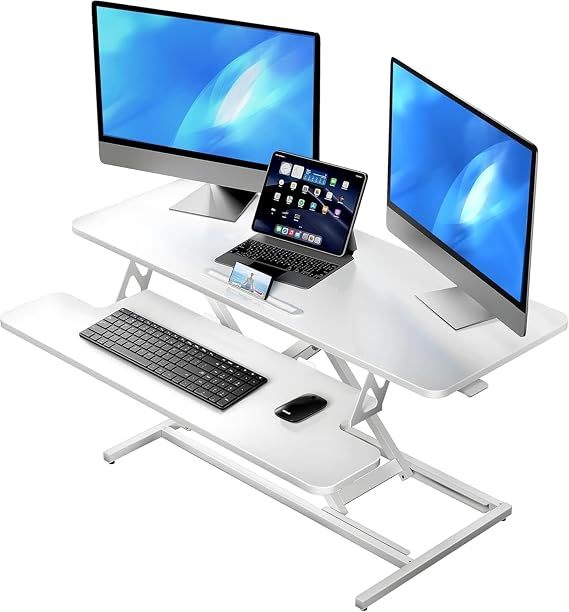 ERGOMAKER Standing Desk Converter, 106cm/42’’ Height Adjustable Desk Riser with Wide Keyboard Tray,Sit to Stand Desk Riser for Dual Monitors, White