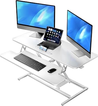 ERGOMAKER Standing Desk Converter, 106cm/42  Height Adjustable Desk Riser with Wide Keyboard Tray,Sit to Stand Desk Riser for Dual Monitors, White