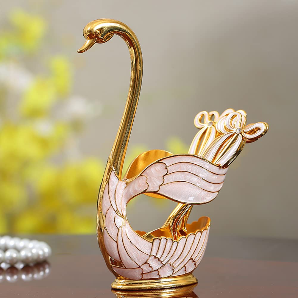 Metal Coffee Dessert Dinner Spoon Set, Metal Swan Base Holder Spoon Organizer with 6PCS Ice Cream Spoons, Luxury Salad Spoon Set