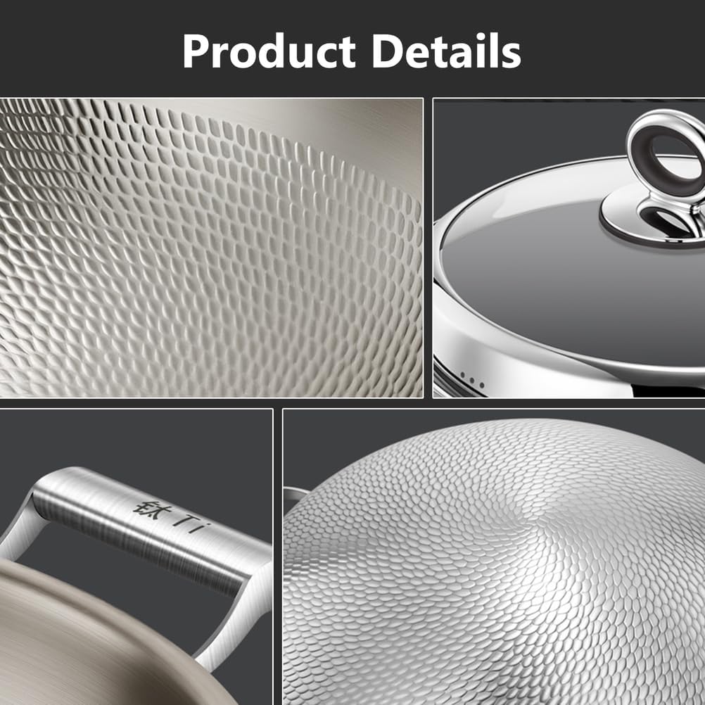 Titanium Hammered Wok with Double Handles, 2026 New Multifunctional Ultra-Durable Scratch-Resistant Non Stick Even Heating Titanium Wok for Cooking,With lid,17.72IN