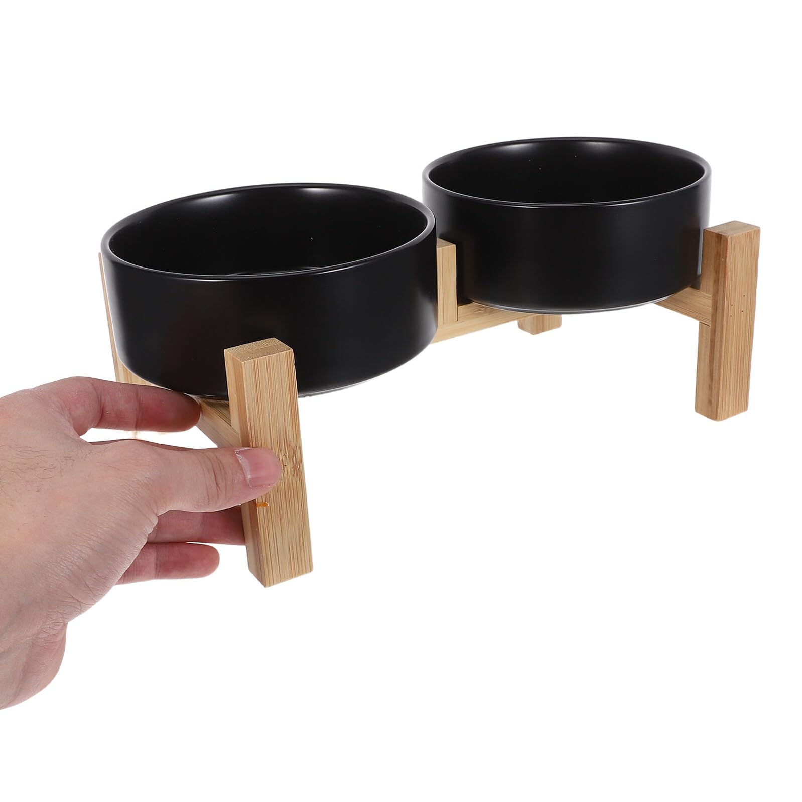 Cabilock Gamelle en Céramique Surélevée 400 ML avec Support Antidérapant en Bois Démontable, Double Bol pour Chien et Chat Petite Taille, pour Alimentation et Eau Quotidienne