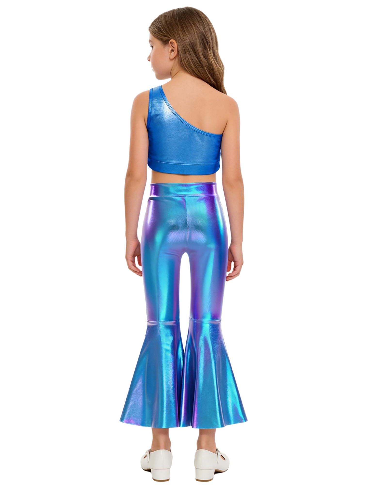 ranrann Tuta da Ginnastica Artistica Ragazza Monospalla Crop Top in Paillettes e Pantaloni a Zampa Completo Sportivo da Danza Moderna Jazz Hip Hop Ballo di Strada B Blu reale 13-14 anni
