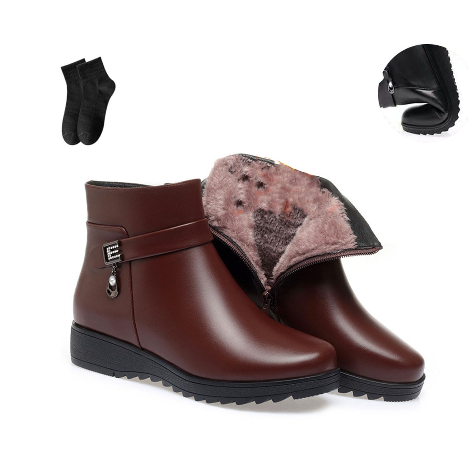 Bottes Orthopédiques Femme En Cuir Véritable - Doublure Polaire - Fermeture Éclair Latérale - Semelle Antidérapante