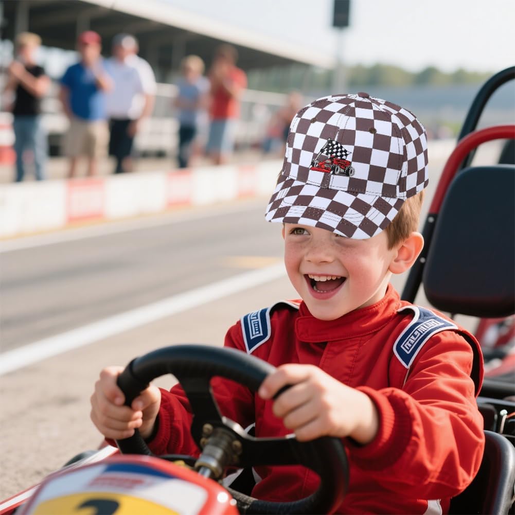 Kid Race Car Flag Baseball Cap Adjustable Checkered Flag Baseball Cap Embroidered Racing Hat for Boys Girls Age 3-8