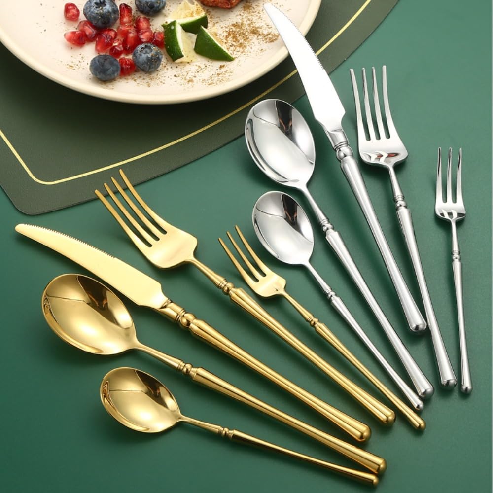 Luce Luminosa Manico Cucina Acciaio Inox Argenteria Stoviglie Posate Set Bistecca Coltello Forchetta Cucchiaio Cucchiaino (Oro,20 pezzi)