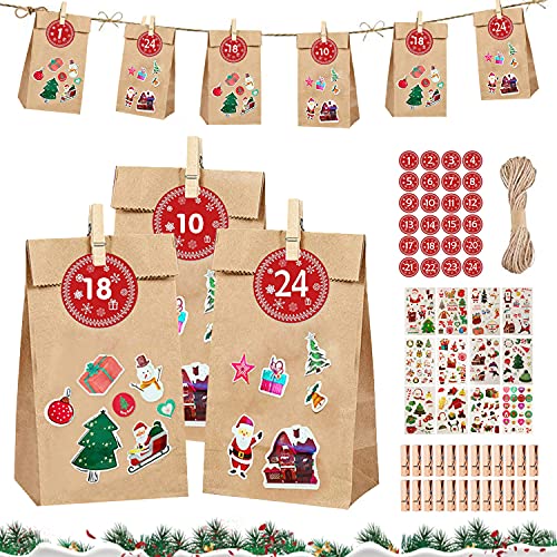 YISKY Noel Calendrier Cadeaux Sacs, 24 Calendrier de l'Avent Sacs, Sac Cadeau de Noel, Sachets en Papier Kraft, pour DIY Calendrier de l'Avent à Remplir Soi Meme, Décoration de Noël Cover