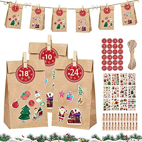 Noel Calendrier Cadeaux Sacs, 24 Calendrier de l'Avent Sacs, Sac Cadeau de Noel, Sachets en Papier Kraft, pour DIY Calendrier de l'Avent à Remplir Soi Meme, Décoration de Noël