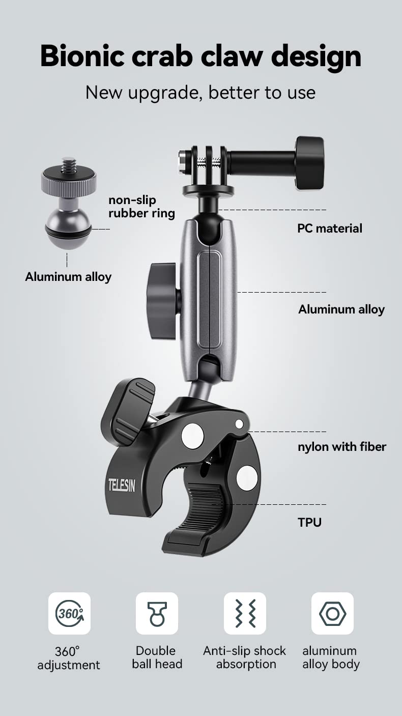TELESIN Universal Handlebar Tube Clamp Mount for Sport Cameras (Aluminium), Technical plastic design - Image 3