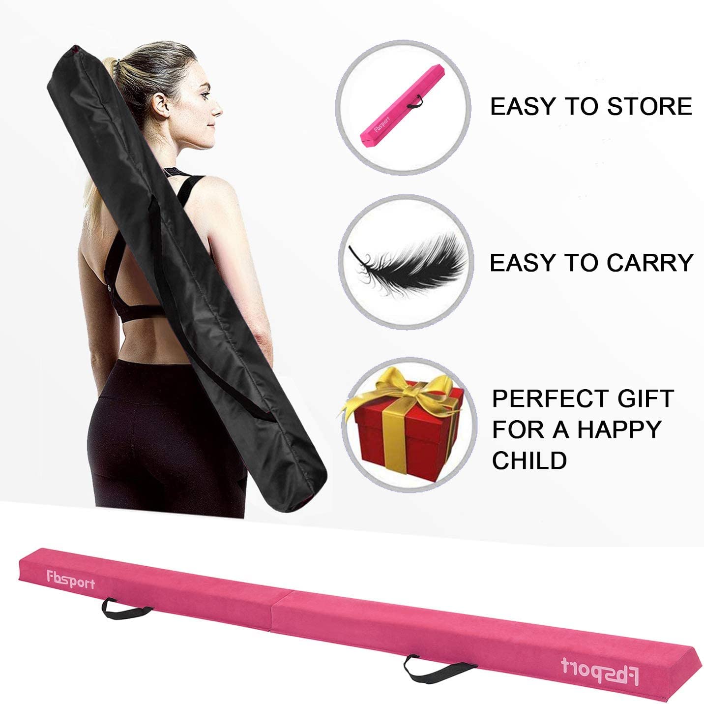 FBSPORT Poutre d'équilibre de gymnastique pour enfants, poutre d'équilibre de 240 cm/270 cm/300 cm, poutre d'équilibre au sol avec poignées de transport, poutre de gymnastique pliable en tissu floqué