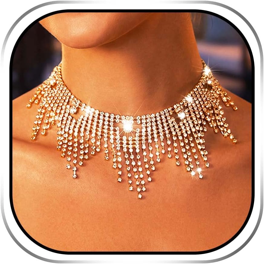 JAKAWIN Diamond Choker Necklace Gold Sparkly Rhinestone Porm Jewelry for Women