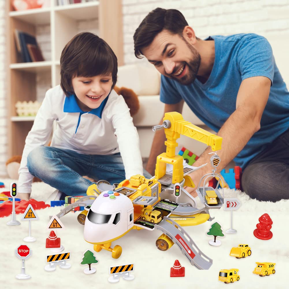 Cadeau Enfant Garçon Fille Avions Jouets Transporteur Ensemble Avec 4 Voitures , 1 Pièces Hélicoptère Jouet Et 1 Bricolage Ensemble Jeu Transport éducatif Garçon Fille
