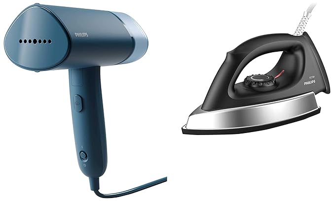 Philips Handheld Garment Steamer STH3000/20 - Compact & Foldable, Convenient Vertical Steaming, 1000 Watt Quick Heat Up (Reno Blue), Small & Philips GC181 Heavy Weight 1000-Watt Dry Iron
