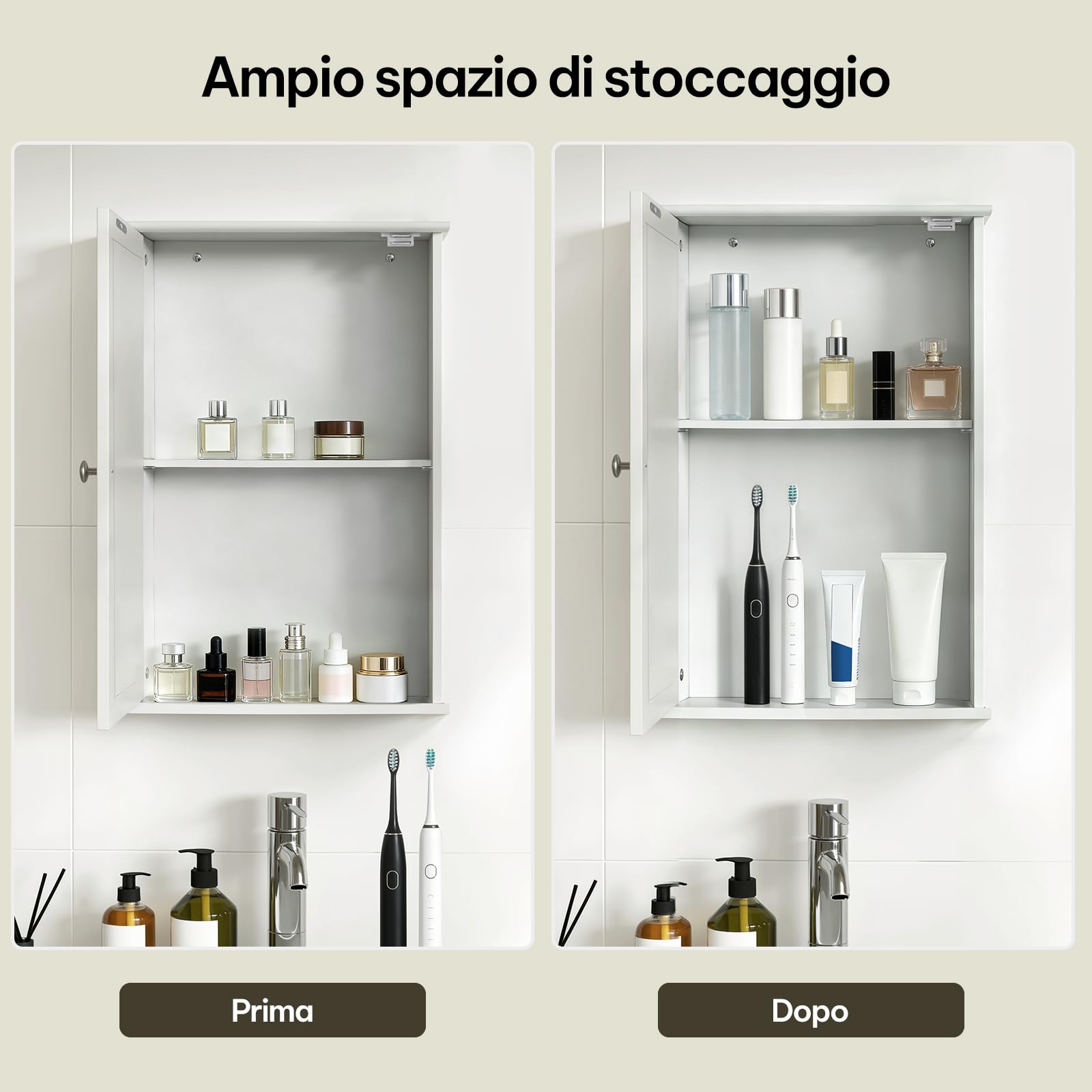 eSituro Armadietto da Bagno a 1 Ante Mobiletto Pensile con Specchiera Salvaspazio Mobile a Muro con Ripiani Regolabili, Bianco 42x12x58.5cm (LxPxA)