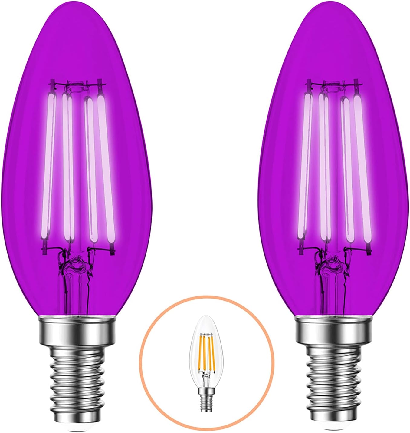 2 Pack E12 Filament LED Purple Light Bulbs – E12 Candelabra Bulb 4W 40 Watt Equivalent - Vintage Lighting Purple LED Bulb Party Decoration, Porch, Halloween Light Bulbs