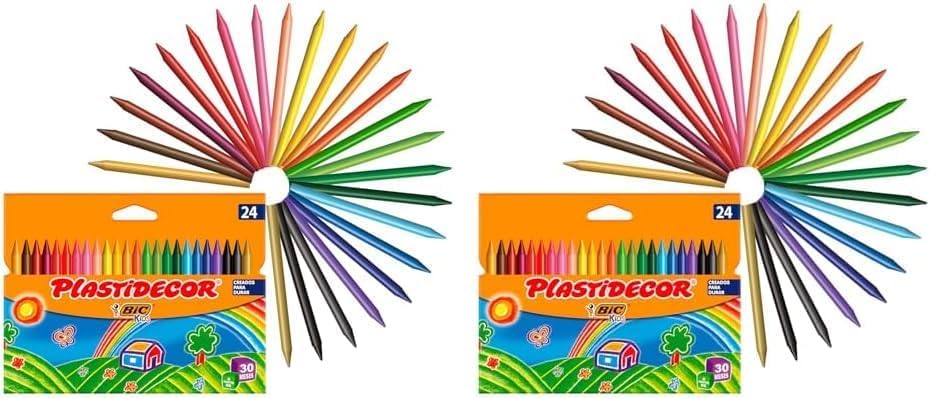BIC Kids Ceras de Colores para Niños, Óptimo para material escolar,Plastidecor, Colores Vivos Surtidos, Ideal para colorear, 24 Ceras (Paquete de 2)