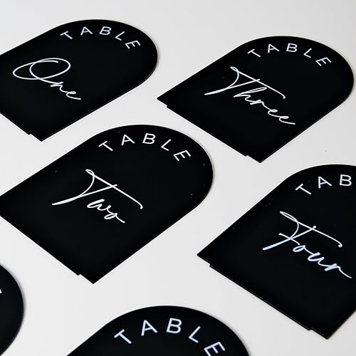 Miniatura 4 de Números de mesa de boda en arco negro con soportes 1-15, letrero de arco acrílico negro de 5x7 pulgadas con soporte, números de mesa acrílicos