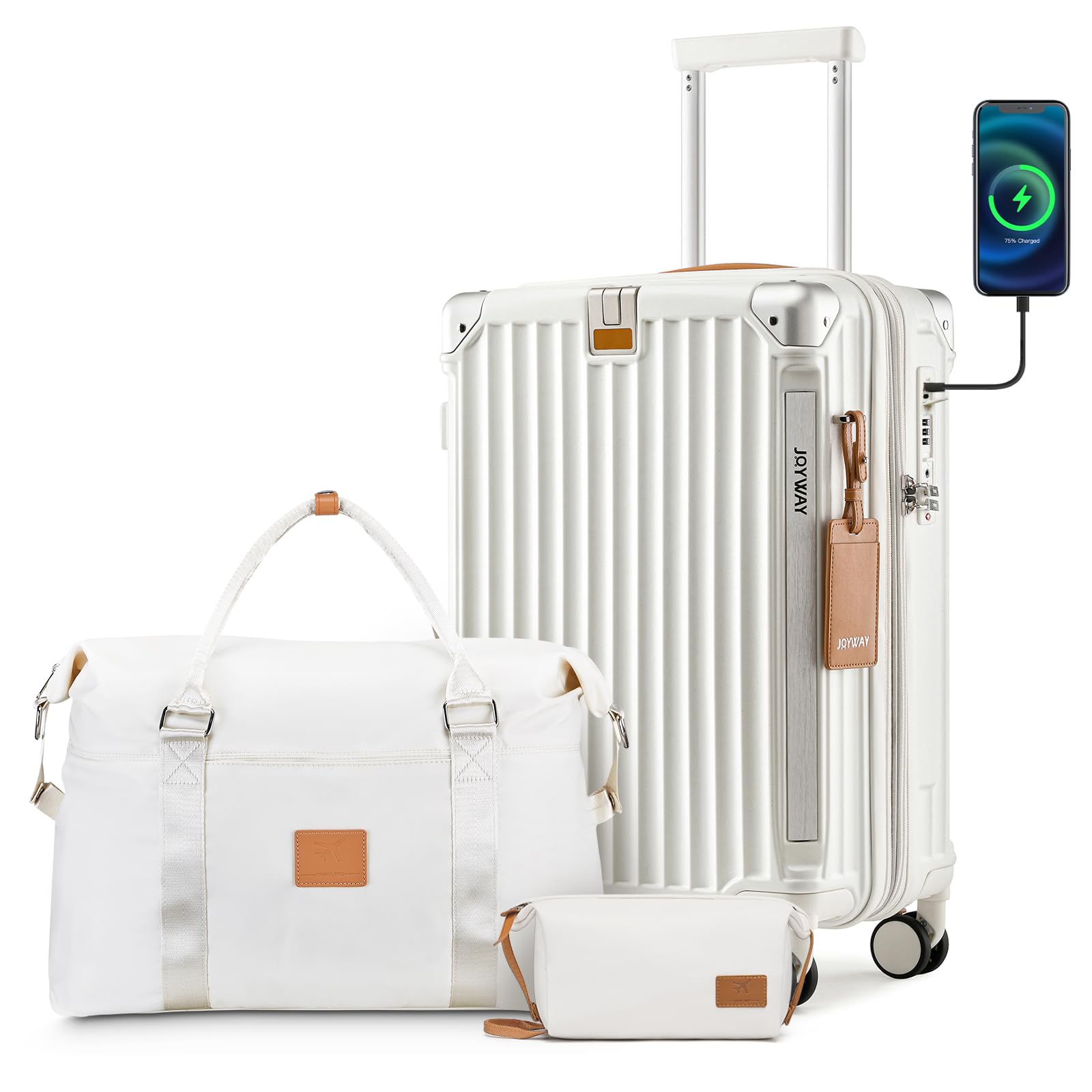 joyway 20in carry on luggage with cup holder and usb port, 20% expandable capacity, smart luggage set with anti-slip wheels and handbag, perfect for men and women - 3 piece set white