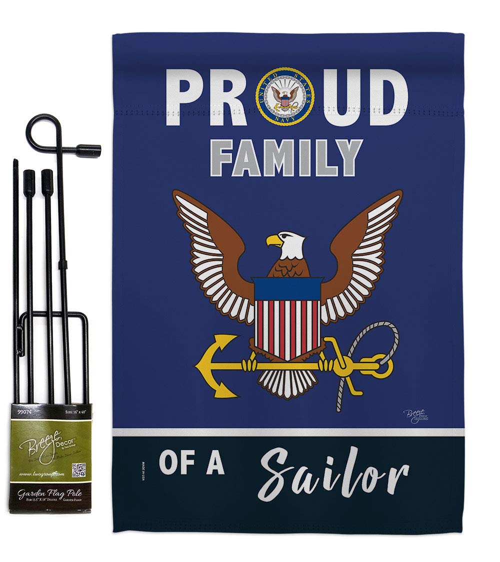 Breeze Decor Proud Family Sailor Garden Flag Set with Stand Armed Forces Navy USN Seabee United State American Military Veteran Retire Official House Banner Small Yard Gift Double-Sided, Made in USA