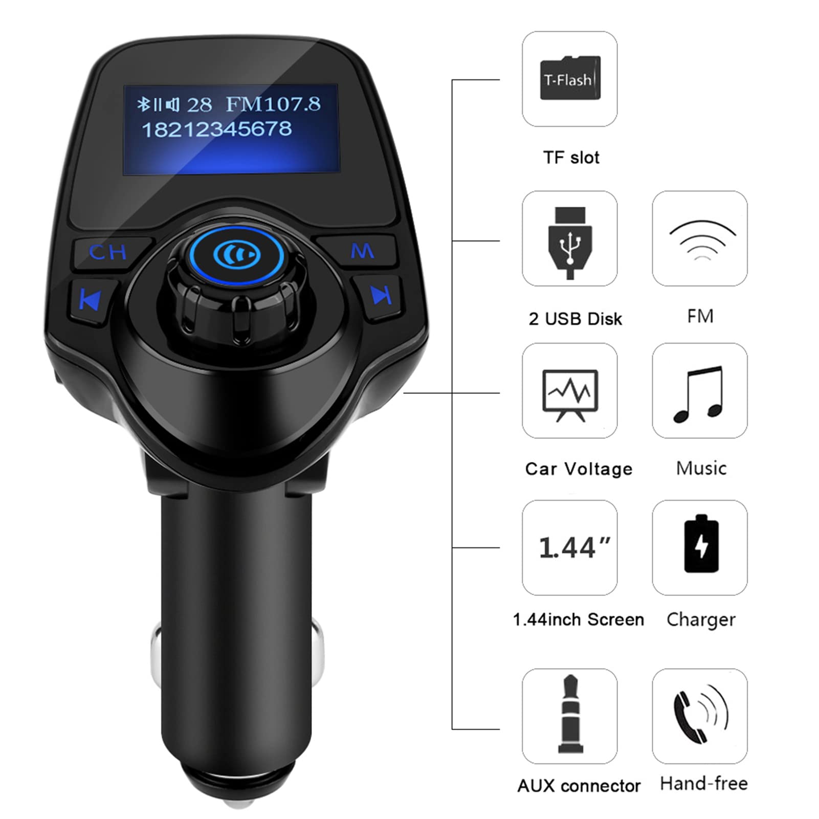 T11 Trasmettitore FM Bluetooth Auto Wireless Kit Vivavoce MP3 Player con Ricarica USB 5V 2.1A AUX In Out per Chiamate Musica Guida Quotidiana
