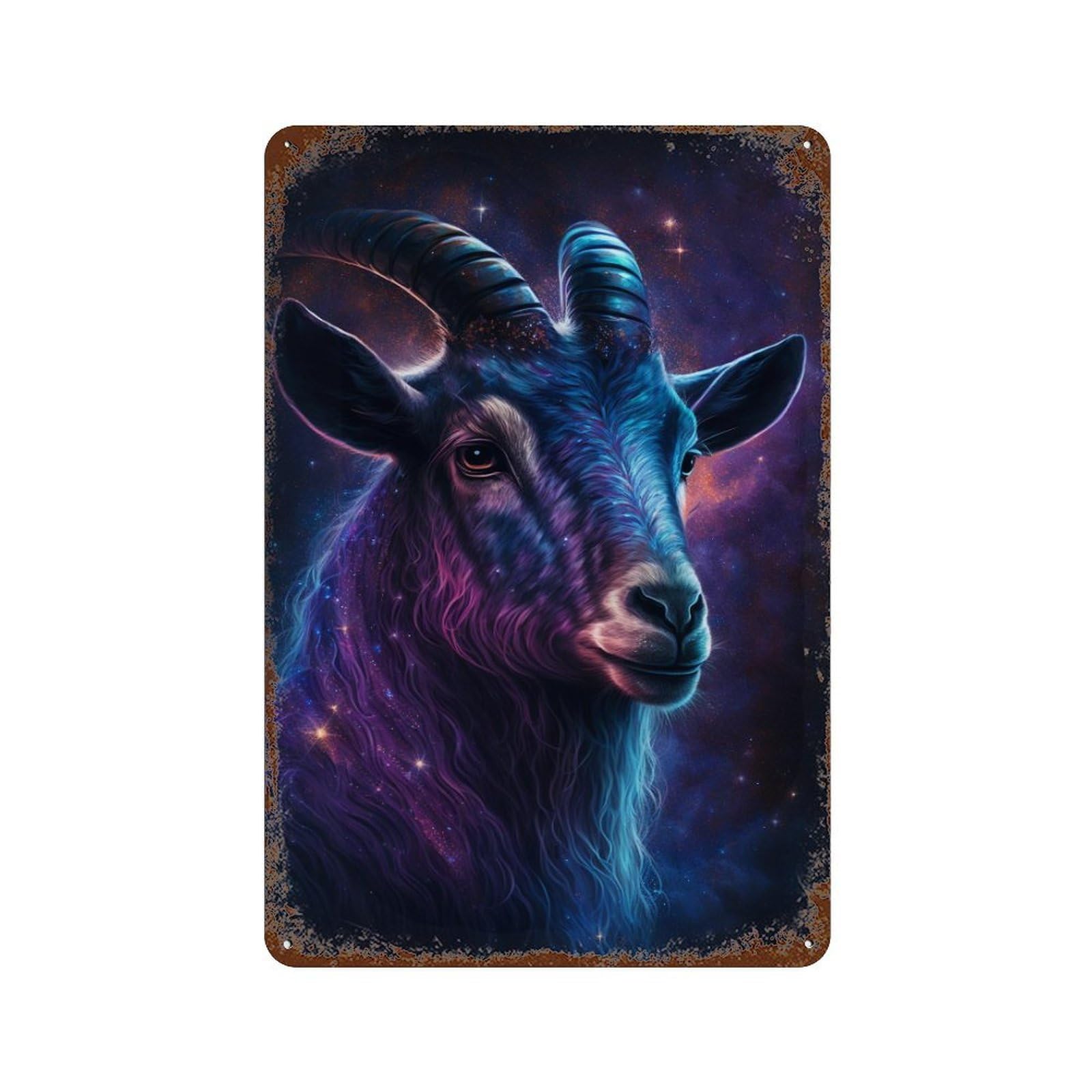Garage Style Cosmic Goat Portrait Aged Metal Wall Plaque 11.8"x7.9", Industrial Home Decor for Bar And Workshop