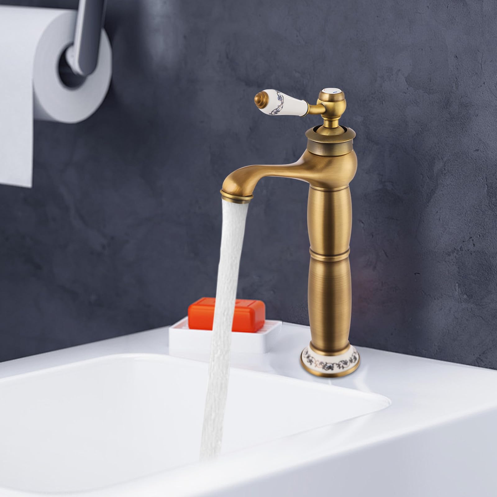 Robinet de salle de bain haut en laiton antique, rétro doré, mitigeur monocommande antique pour salle de bain, robinet de lavabo, eau froide et chaude