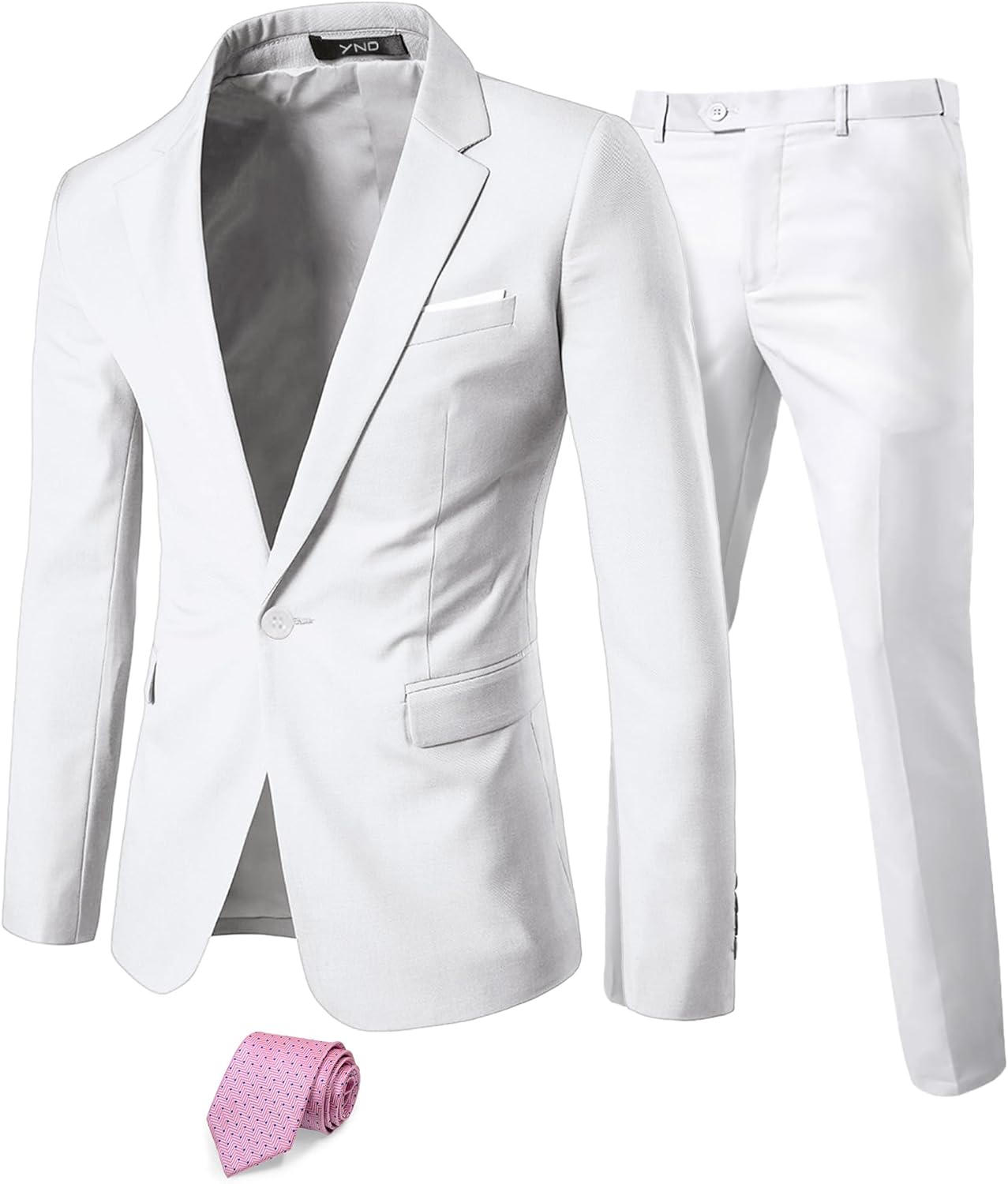 YND Men's 2 Piece Suit with Tie, One Button Slim Fit Solid Jacket and Pants Set, Suits for Men Prom Party Wedding & Business