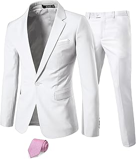 YND Men's 2 Piece Suit with Tie, One Button Slim Fit Solid Jacket and Pants Set, Suits for Men Prom Party Wedding & Business