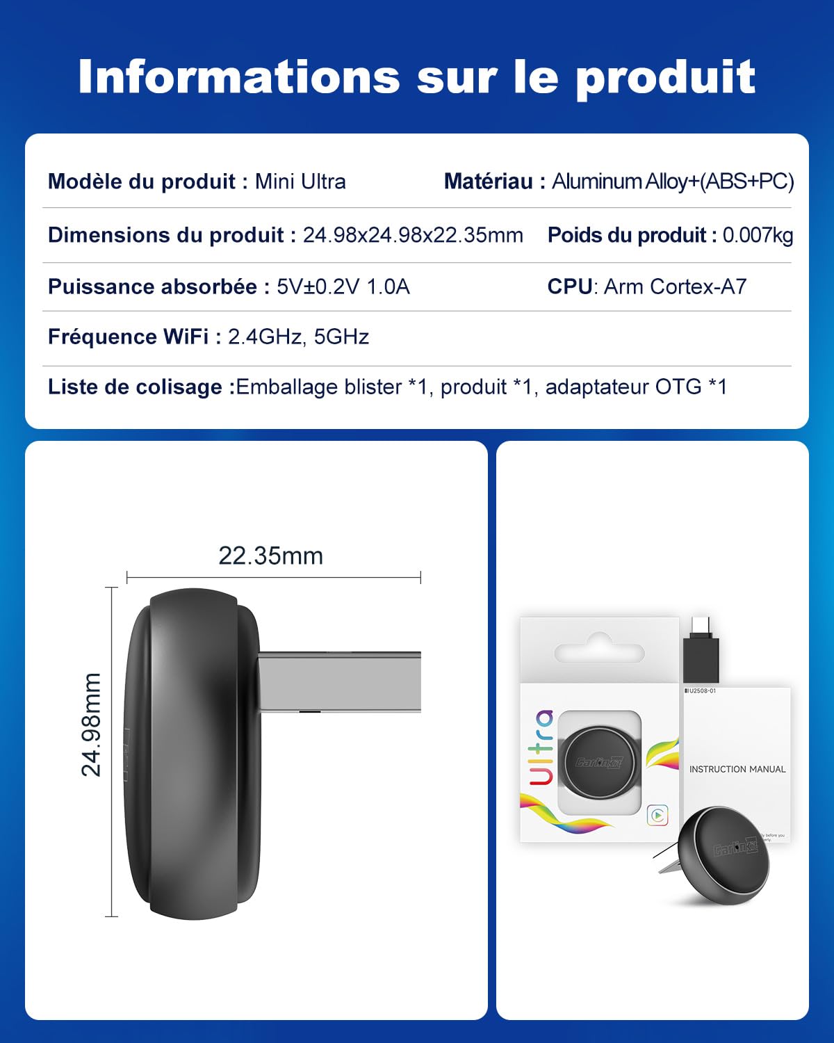 Carlinkit Adaptateur automatique sans fil CarPlay et Android – Mini Ultra 3 Convertir OEM filaire vers dongle sans fil pour iPhone et Android 11+, USB-A/Type-C Plug & Play, connexion rapide, mise à