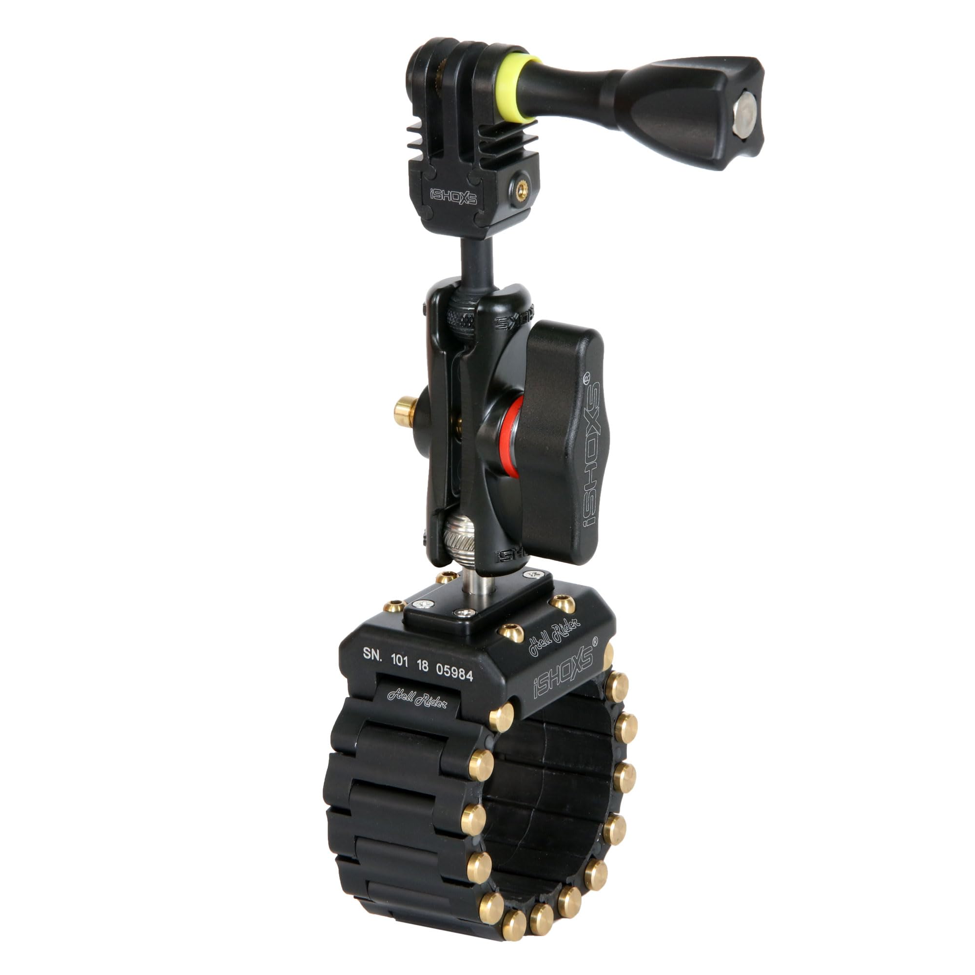 Hell Rider SLS | Soporte Universal para cámara de acción | Pinza moto, bicicleta y e-bike | Compatible GoPro, DJI, Insta, Sony | Perfil 15–42 mm | Accesorio robusto para cámara acción
