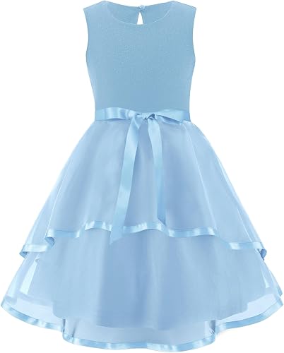 Arshiner Girls Dress Formal Party Fluffy Tulle Sleeveless Belted Light Blue Dres