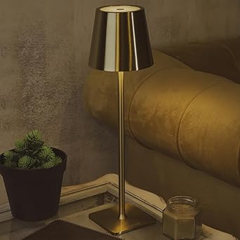 Chronos Conic Cordless LED Table Lamp - USB Rechargeable Portable Touch Control Dimmable 3 Light Color Tunable Table Lamp for Hotel, Cafe, Restaurant or Home for Bedside, Dining (Gold)