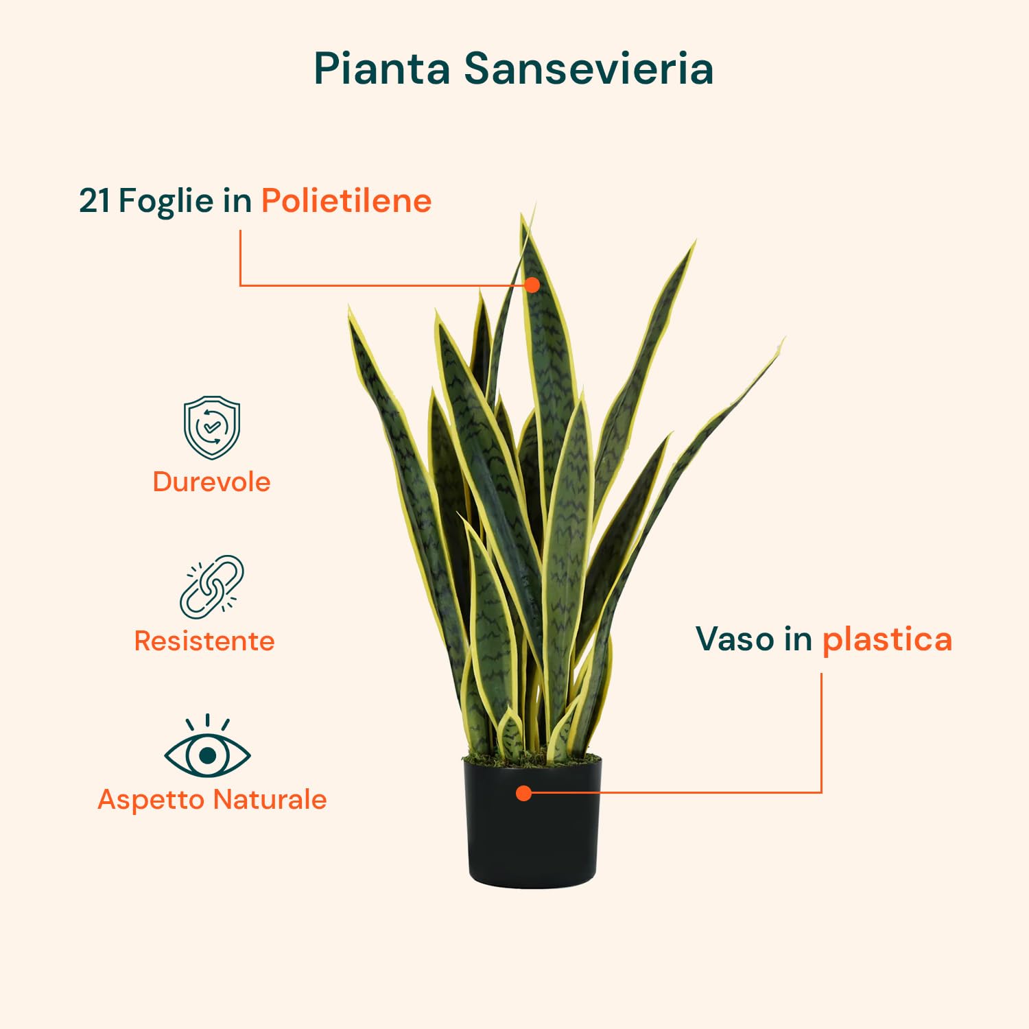Wintem Pianta di Sansevieria Artificiale con 21 Foglie in Polietilene, Alta 75 cm con Vaso Ø15x12,3 cm - Pianta Finta Ideale per Interni, Decorazione Casa