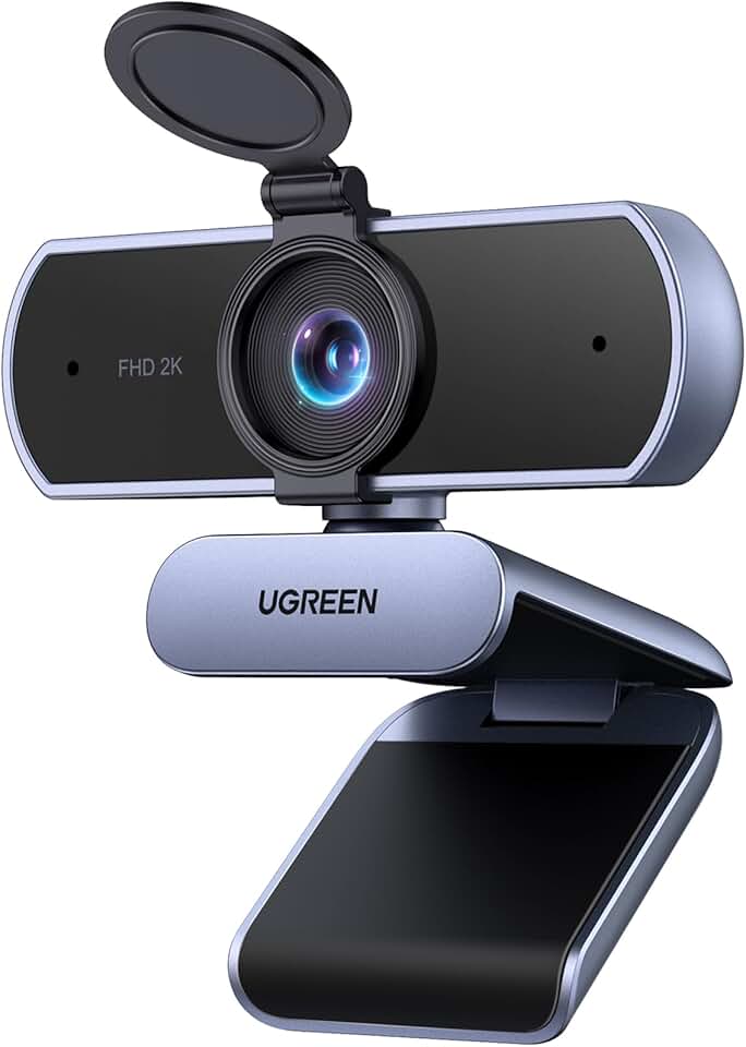 UGREEN Webcam 2K para PC Ultra HD com Microfone, Câmera para PC com Capa de Privacidade, Webcam USB para Streaming, Conferência, Videochamada, Zoom, Skype, Teams, FaceTime, Cinza